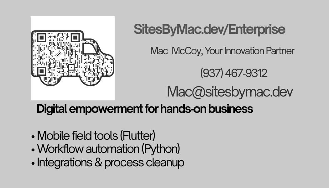 Enterprise business card with QR code, contact info, and services
