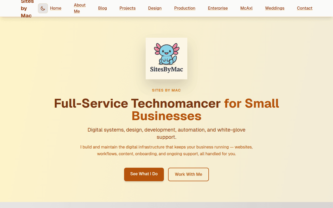 SitesByMac.dev homepage — portfolio and consulting site designed and developed by Travis McCoy